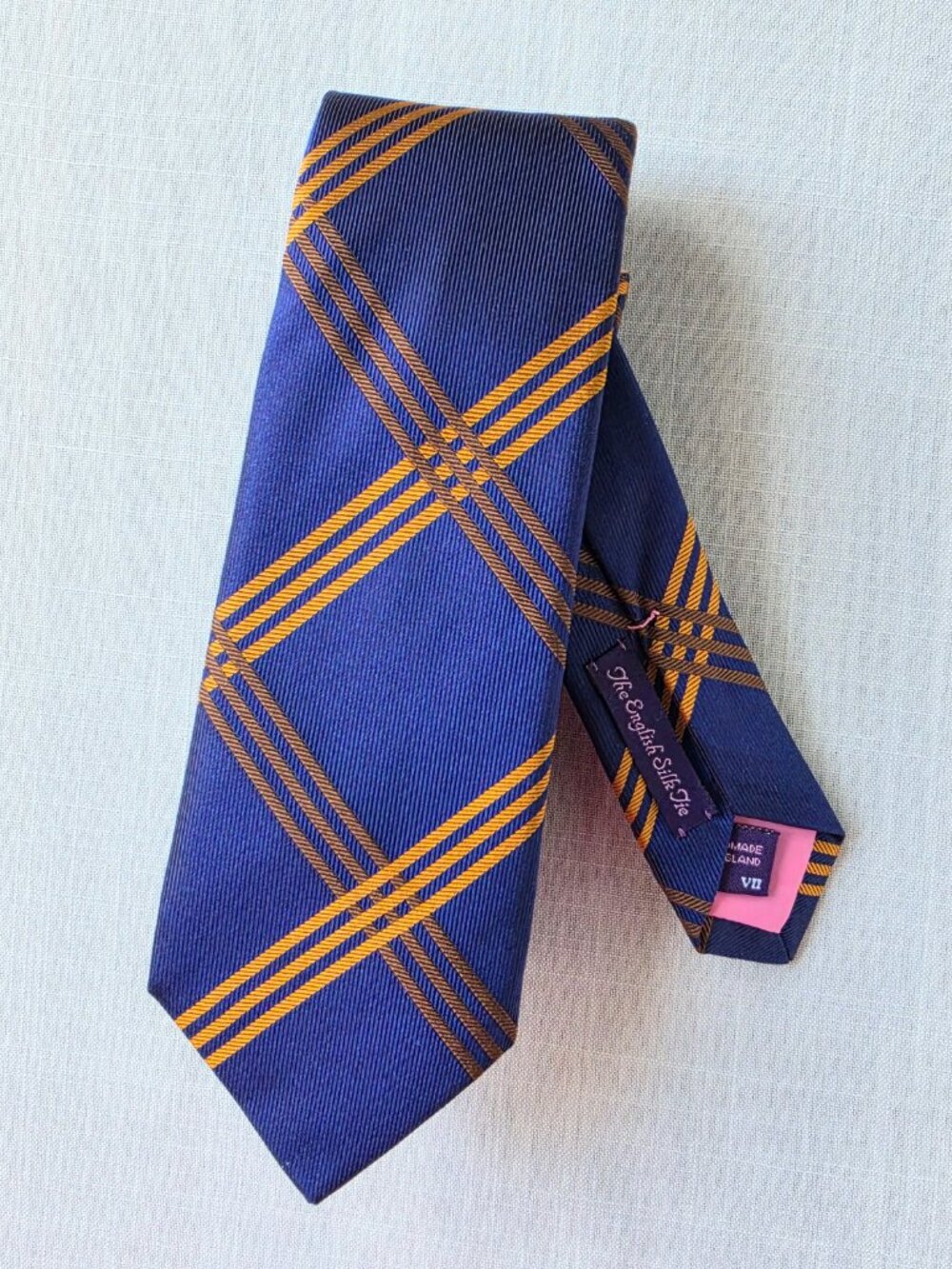 Seaward & Stearn Silk Tie Handmade in London Deep Indigo Blue Orange Brown Plaid